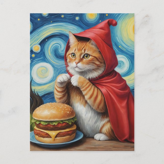 Cartão Postal Starry Night Ginger Cat com Cheeseburger (Frente)