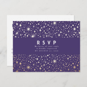 Cartão Postal Starry Night Purple e RSVP de Casamento Dourado