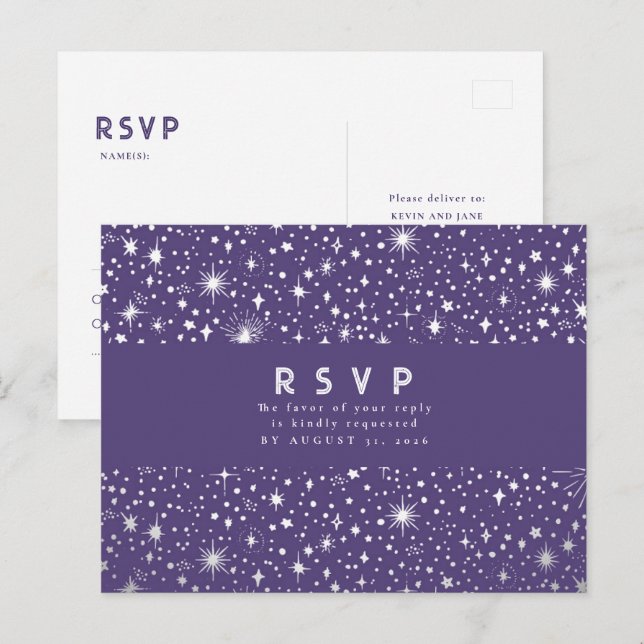 Cartão Postal Starry Night Purple e Silver Weding RSVP (Frente/Verso)