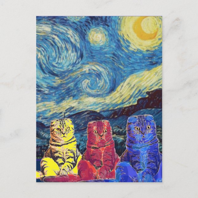 Cartão Postal Starry Night, Van Gogh, Cat Art Parody (Frente)