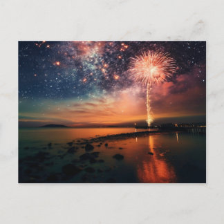 Cartão Postal Starry Sky Fireworks Over Beach