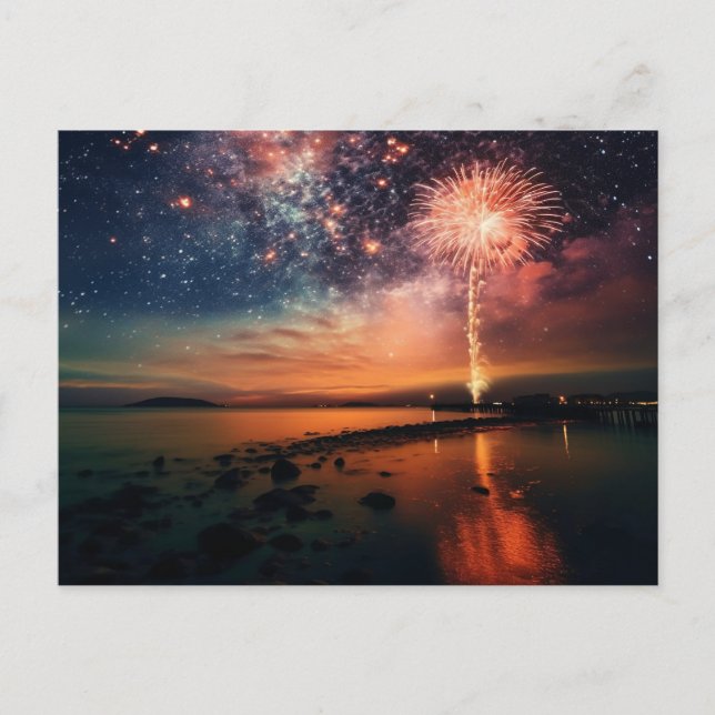 Cartão Postal Starry Sky Fireworks Over Beach (Frente)