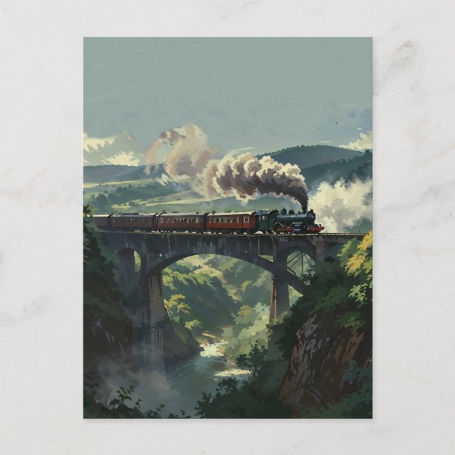 Cartão Postal Steam Train Bridge - Painterly Style Landscape Art (Frente)