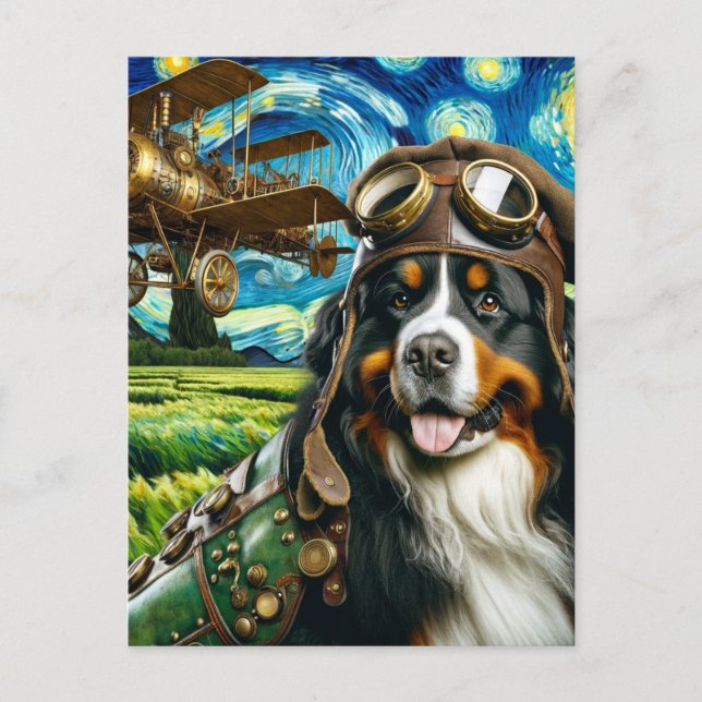 Cartão Postal Steampunk Bernese Mountain Dog Van Gogh (Frente)