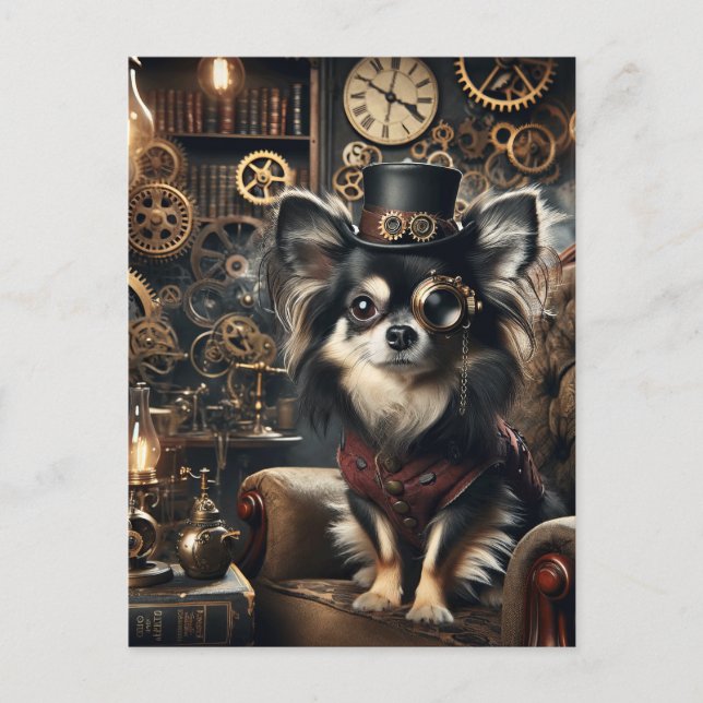 Cartão Postal Steampunk Chihuahua de Cabelo Longo Negro e Branco (Frente)
