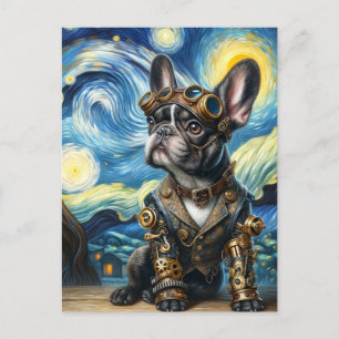 Cartão Postal Steampunk Frenchie Puppy na Noite Estrelada