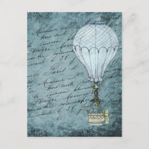 Cartão Postal Steampunk Hot Air Balloon Dusk Blue Manuscrito