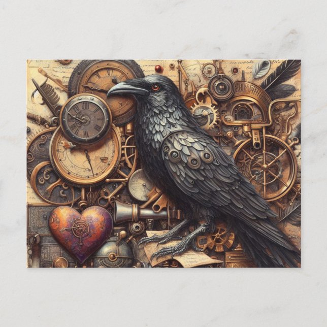 Cartão Postal Steampunk Raven Collage (Frente)