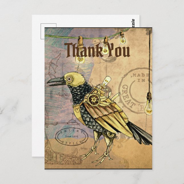 Cartão Postal Steampunk Raven Obrigado (Frente/Verso)
