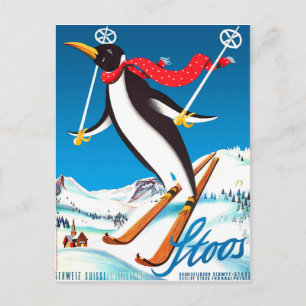 Cartão Postal Stoos, Penguin sobre esqui, montanhas de Suiça
