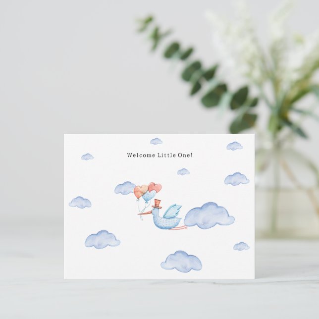 Cartão Postal Stork Flying Through The Clouds Welcome New Baby (Em pé/Frente)