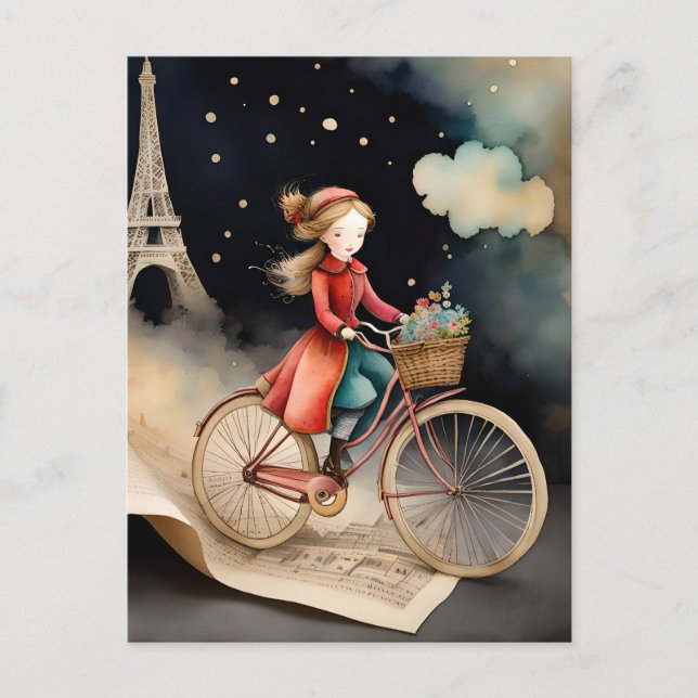 Cartão Postal Storybook Watercolor Paris Bicycle Ride (Frente)