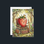 Cartão Postal Strawberry Royalty on a Book Throne<br><div class="desc">A fantasy strawberry queen or king sitting on a throne of books with a pencil</div>