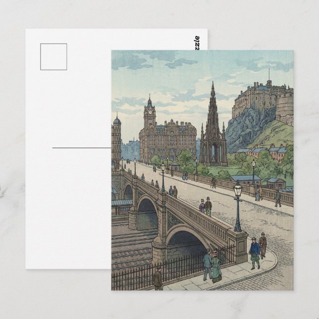 Cartão Postal Street of Edinburgh Old Town Japanese Woodblock Pr (Frente/Verso)