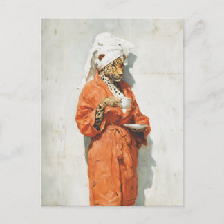 Cartão Postal Stylish Leopard Morning Coffee Portrait