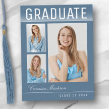 Stylish Trendy Modern 3 Photo Blue Graduation