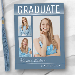 Cartão Postal Stylish Trendy Modern 3 Photo Blue Graduation