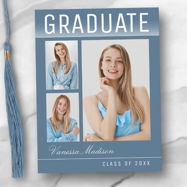 Cartão Postal Stylish Trendy Modern 3 Photo Blue Graduation (Criador carregado)