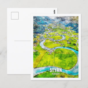 Cartão Postal Styrn Noruega Local de Viagem Famoso Aquarela