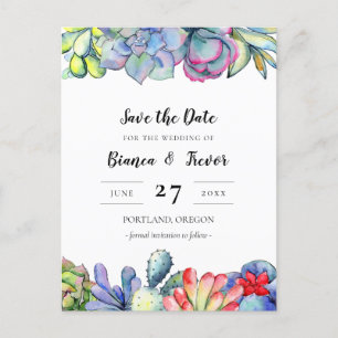 Cartão Postal Succulent cactus watercolor Save the date