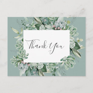 Cartão Postal Succulent Greenery   Sage Green Wedding Obrigado