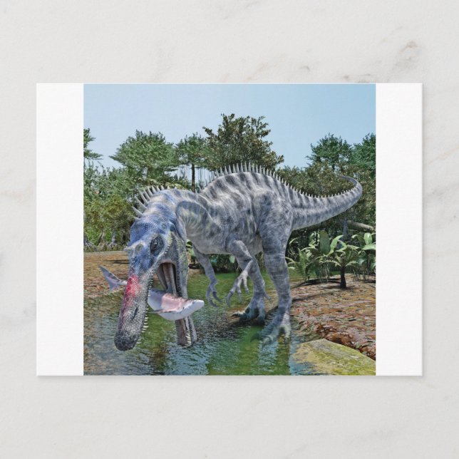 Cartão Postal Suchomimus Dinossauro Comendo Tubarão em um Pântan (Frente)