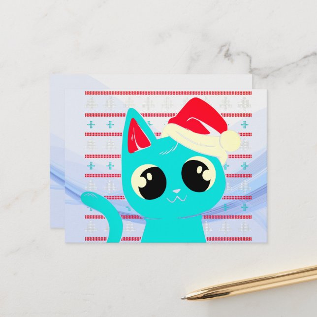 Cartão Postal Suéter Feio - Pulôver de Natal de Gato Engraçado (Frente/Verso In Situ)
