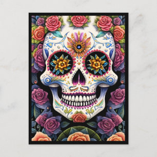 Cartão Postal Sugar Skull Art - Dia de los Muertos Floral Skull