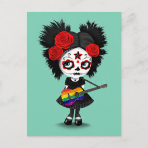 Cartão Postal Sugar Skull Girl Jogando Rainbow Flag Guitar