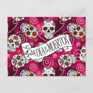 Cartão Postal Sugar Skulls and Swirls Rosa Red ID725