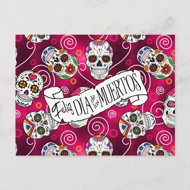 Cartão Postal Sugar Skulls and Swirls Rosa Red ID725 (Frente)