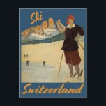 Cartão Postal Suiça de Esqui Vintage em Alpes Suíços<br><div class="desc">Qualquer um adoraria receber este cartão postal de Suiça de viagem de com uma ilustração retrógrada de uma mulher esquiando de neve no inverno nos Alpes suíços!</div>