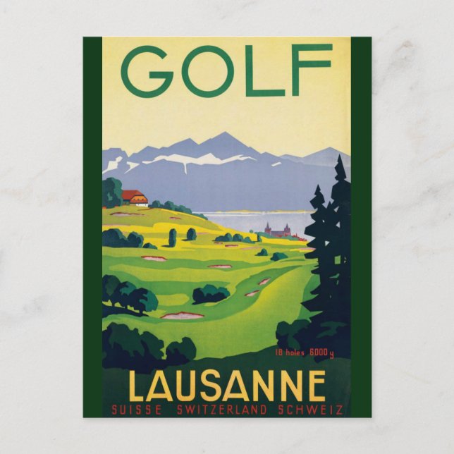 Cartão Postal Suiça Vintage Golf Lausanne City Lake (Frente)