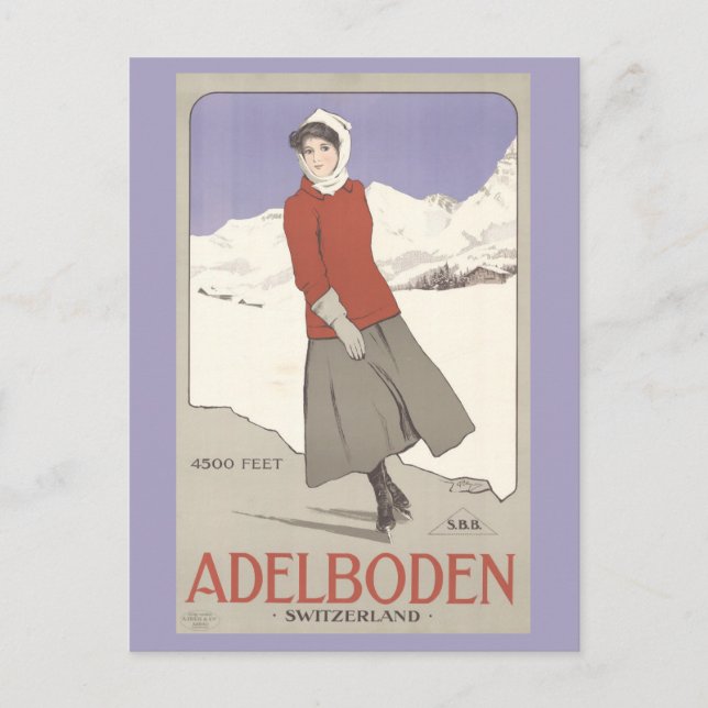 Cartão Postal Suiça Vintage Winter Skating Swiss Viagem (Frente)