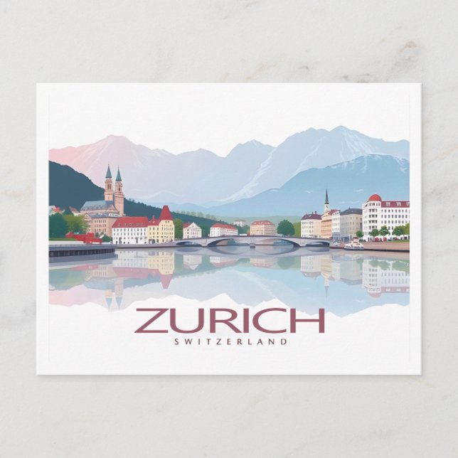 Cartão Postal Suiça Zurich Viagem Lago Zurich Pastel (Frente)