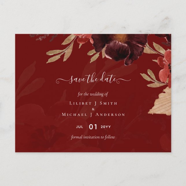 Cartão Postal Suíte de Casamento Floral Terracotta Burgundy Verm (Frente)