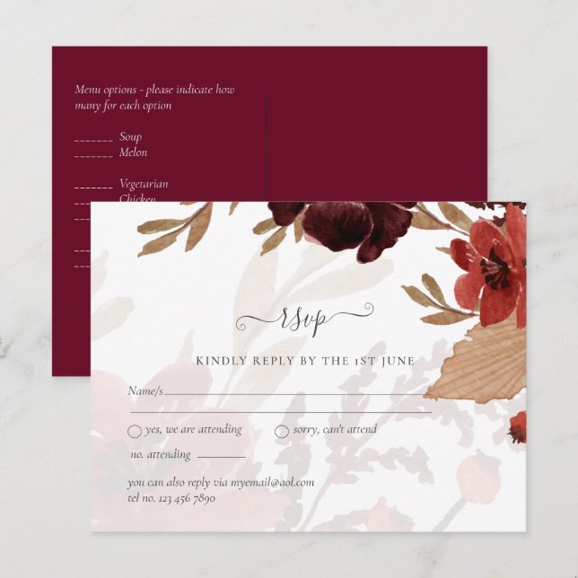 Cartão Postal Suíte de Casamento Floral Terracotta Burgundy Verm (Frente/Verso)