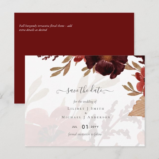 Cartão Postal Suíte de Casamento Floral Terracotta Burgundy Verm (Frente/Verso)