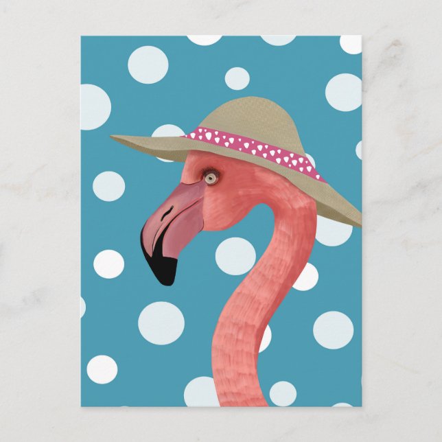 Cartão Postal Summer Flamingo | Bolinhas azuis decorativas (Frente)