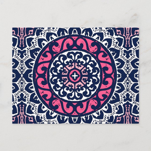 Cartão Postal Sun Mandala, Fuchsia, Marinho e Branco (Frente)