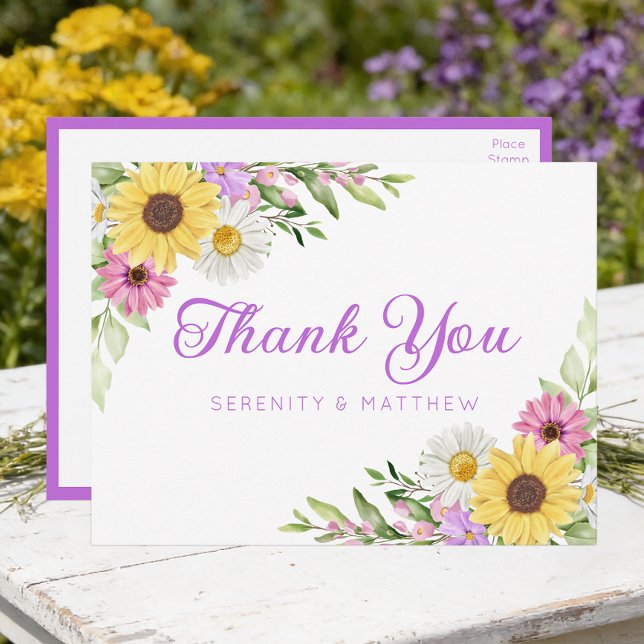 Cartão Postal Sunflower Daisy Garden Floral Wedding Thank You (Criador carregado)