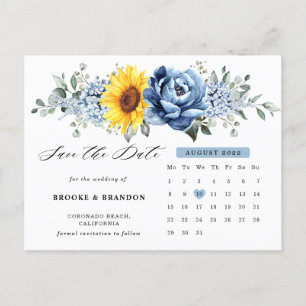 Cartão Postal Sunflower Dusty Blue Peony Calendário Salvar Data