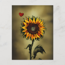 Cartão Postal Sunflower Love | Cores d'água, girassol e coração