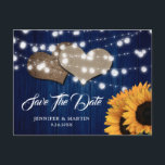 Cartão Postal Sunflower Navy Blue Wedding Save The Date Postcard<br><div class="desc">Navy blue and sunflower wedding save the date postcard featuring sunflowers,  string lights and burlap hearts against a rustic wood background.</div>