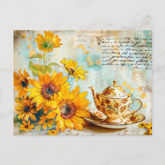 Cartão Postal Sunflower with Antique Coffee Pot and Fantasy text (Frente)