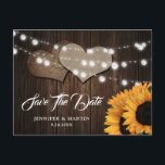 Cartão Postal Sunflower Wood Burlap Hearts Country Wedding<br><div class="desc">Sunflower wedding save the date postcard featuring sunflowers,  string lights and burlap hearts against a barn wood background.</div>