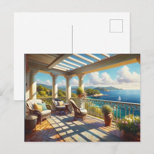 Cartão Postal Sunny Balcony Sobrevendo o Mar (Frente/Verso)