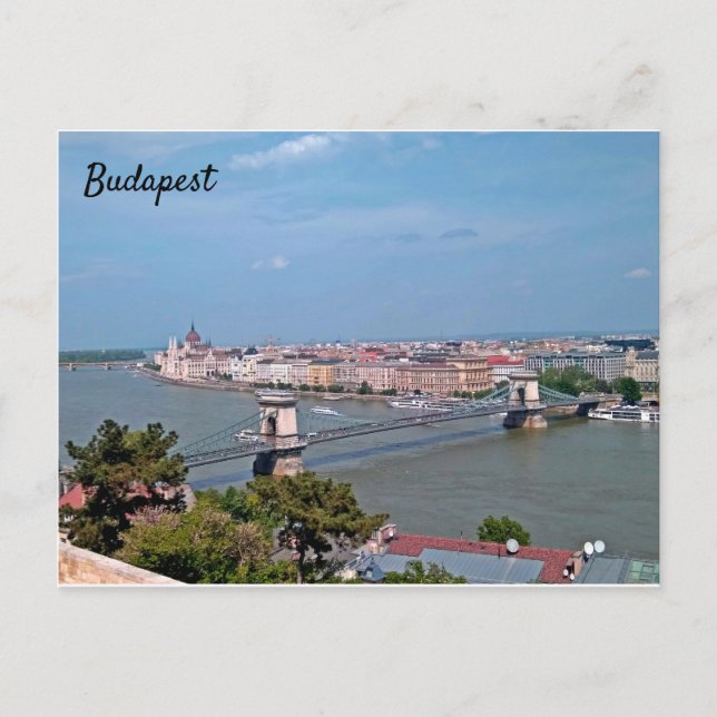 Cartão postal sunny, belo panorama, de Budapeste (Frente)