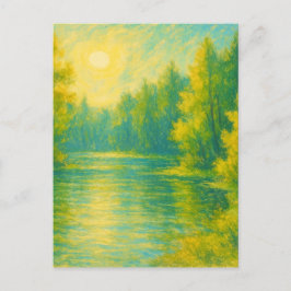 Cartão Postal Sunny Lakeside Landscape - Pastel Painting Style