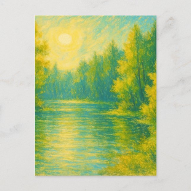 Cartão Postal Sunny Lakeside Landscape - Pastel Painting Style (Frente)